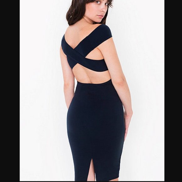 American Apparel Ponte Off-Shoulder Cross Back Dress Small Navy Blue - Picture 2 of 5